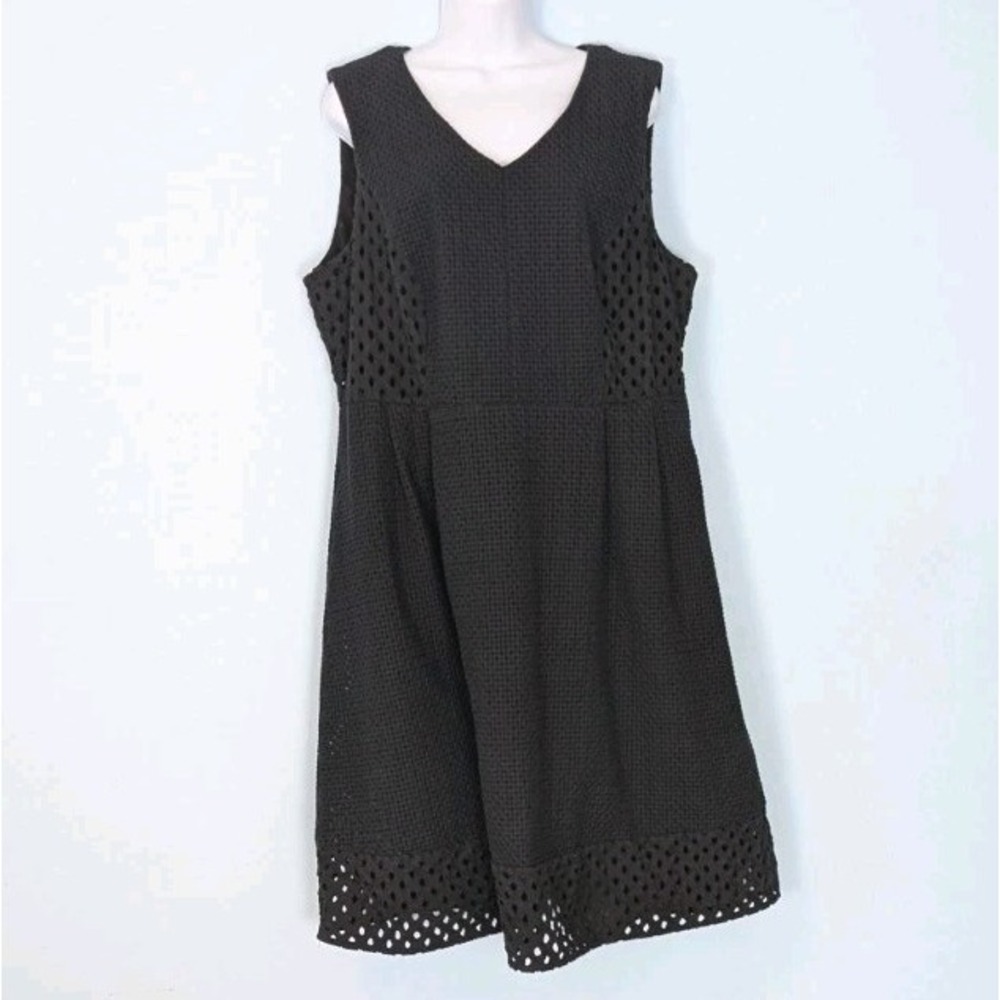 Lands End Dress 18W Open Weave Cotton Black Lined Sleeveless Pockets Plus Size